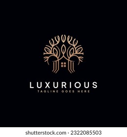 Luxury tree house line logo. Vintage ornamental calligraphic logo design on black background