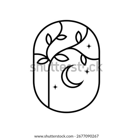 luxury tree logo icon vector with stars and  crescent moon element in line style design