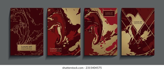Luxury trendy background with abstract marble pattern in Scarlet red and gold color. Modern elegant cover design. Elite premium vector template for stylish brochure, flyer layout, modern