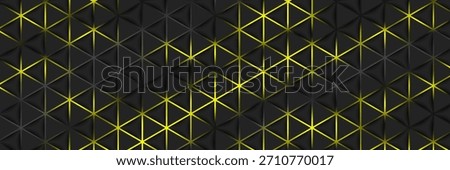 Luxury triangle abstract black metal background with golden light lines. Dark 3d geometric texture illustration. Bright grid pattern. Pure black horizontal banner wallpaper. Carbon elegant eps 10