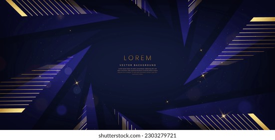 Triángulo de lujo elegante azul sobre fondo azul oscuro con líneas doradas y efecto claro y bokeh con espacio de copia para texto. Diseño de la asignación de plantillas. Ilustración del vector