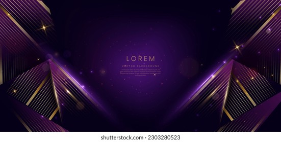 Triángulo de lujo elegante morado con líneas doradas y efecto claro y bokeh con espacio de copia para texto. Diseño de la asignación de plantillas. Ilustración del vector