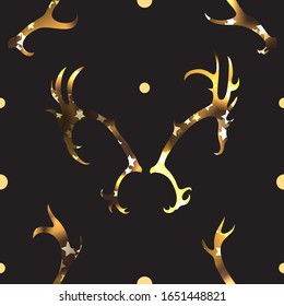 Luxury tribal pattern with golden shiny deer horns on a dark background. Vector texture for wallpaper, fabrics, wrapping paper and your creativity.
