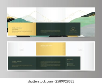 Luxury tri-fold brochure, booklet with mountains. Hand drawn abstract nature background. Stylish minimalistic landscape with space for your photos. Leaflet design layout. Editable flyer template. 