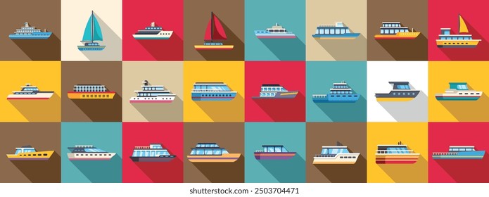 Luxury trip boat icons set. Set of different passenger and cargo ships for water excursion or trip presenting cruise liners and sailboats with long shadows on colorful background