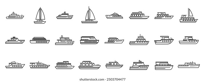 Luxury trip boat icons set. Collection of various types of boats sailing on water, boat icons set