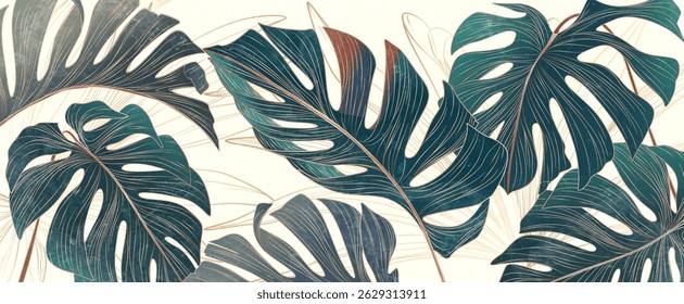 Luxury tropical art background with monstera leaves in gold art line style. Botanical banner with tropical leaves for decor, wallpaper, print, packaging, textile, interior design.