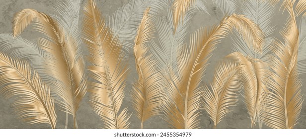 Fondo de arte tropical de lujo con hojas de palma en color dorado en estilo de arte lineal. Anuncio botánico para decoración, estampado, textil, Fondo de pantalla, póster, interiorismo.