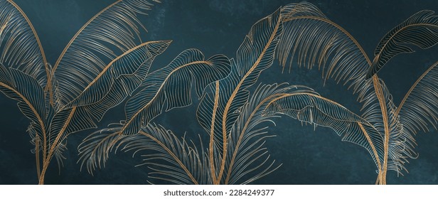 Luxury tropical background with exotic palm leaves in dark blue color with golden elements in line style. Botanical banner for decor, print, wallpaper, textile, interior design.