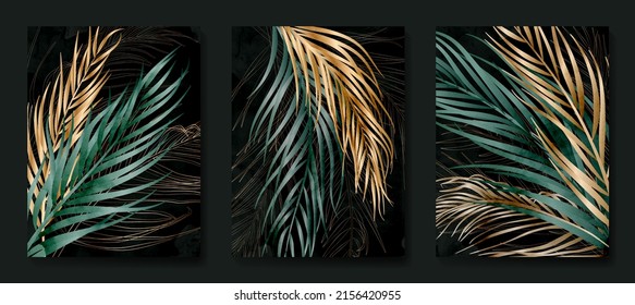 Luxury tropical background with palm leaves in gold and green. Botanical poster with watercolor leaves in art line style for decor, design, wallpaper, packaging