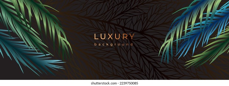 Luxury tropical banner with golden green palm leaves. Linear palm tree branches on black background with leaf veins. Colorful gradient exotic plants