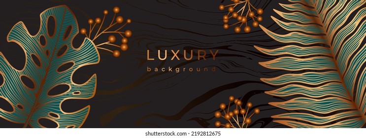 Luxury tropical banner with golden leaves. Monstera, fern, palm leaf, berries in marble black background