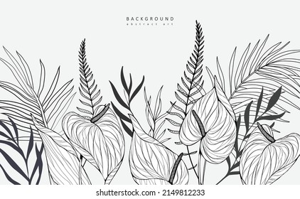 Luxury tropical botanical background with trendy greenery and minimalist palm leaf for wall decoration or wedding. Hand drawn line herb, elegant leaves for invitation save the date card. Botanical rus