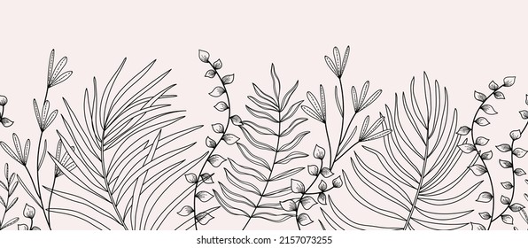 Luxury tropical botanical background with trendy greenery and minimalist palm leaf. Vintage foliage background with various leaves. For wedding invitation, wall art or card template. Minimal line art