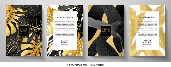 
Luxury tropical cover design set with gold palm branch (Banana leaf, golden Monstera plant) on black. Exotic background vector pattern for premium cafe menu template, summer holiday, wedding poster