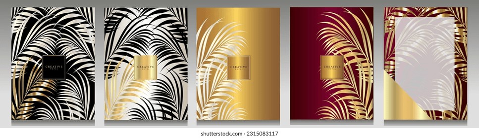 Luxury tropical cover set. Golden and white palm leaves, metallic effect on black, white, gold and red background. Collection of esotic backgrounds, elegant brochures, invitations, menu.