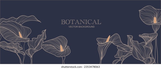 Luxury tropical flower golden line art wallpaper. Elegant botanical anthurium flowers and leaves background. Delicate design for decorative, wedding card, home decor, packaging, print, cover, banner.