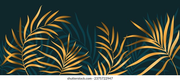 Luxury tropical gold wallpaper. Background of tropical leaves wall design in dark blue with a shiny gold texture. Wall mural of contemporary art. vector illustration.	