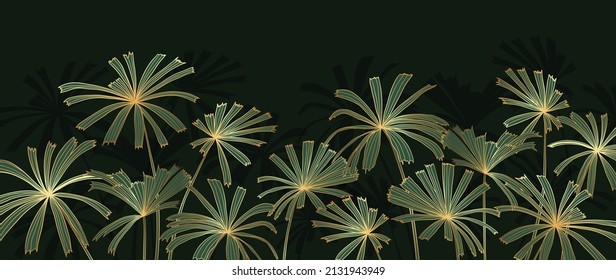 Luxury tropical jungle on dark green background. Golden line art with palm leaves hand drawn wallpaper. Shining and elegant design for banner, decoration, wall art, invitation, wedding and fabric.