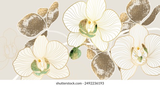 Luxuriöse Vektorgrafik mit tropischem Blatthintergrund. Blumenmuster, Goldene Split-Blatt Orchideen Linie Kunst, Vektorillustration