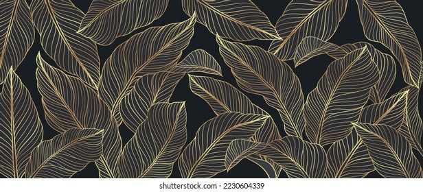 Lujosas hojas tropicales de línea de arte vector de fondo. Elegante fondo de arte de la línea dorada del follaje tropical dibujado a mano. Ilustración de diseño para la decoración, decoración de paredes, papel pintado, cubierta, banner, afiche, tarjeta.