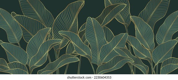 Luxury tropical leaves line art background vector. Elegant hand drawn tropical foliage gold line art background. Design illustration for decoration, wall decor, wallpaper, cover, banner, poster, card.