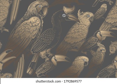 Luxury tropical pattern. Exotic birds parrots and toucans. Gold foil print on a black background. Animal pattern. Wildlife. Summer design for Hawaiian shirts, paper, wallpaper, interior. Vector.