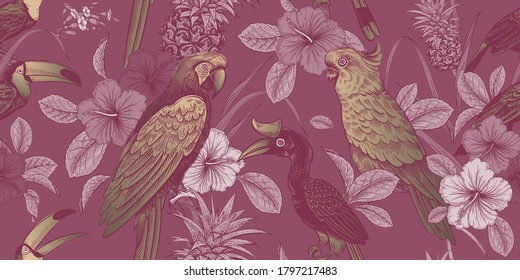 Luxury tropical pattern. Exotic birds parrots and toucans. Exotic tropical leaves and flowers. Gold foil print on pink background. Summer design for hawaiian shirts, paper, wallpaper, textile
