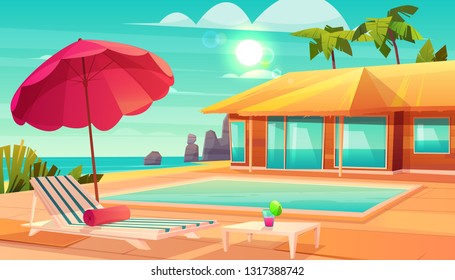 Luxury Tropical Resort Hotel Cartoon Vector With Cocktail On Table, Lounge Chair Under Umbrella And Swimming Pool Near Comfortable Beach House Or Bungalow Illustration. Summer Vacation Background