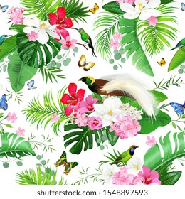 Luxury tropical seamless pattern with paradise birds,hummingbird,butterfly, palm leaves,monstera,magnolia flowers and hibiscus