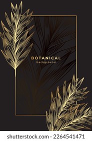 Luxury tropical template with linear golden fern texture. Gold palm leaf on black background. Frame of line botanical elements.