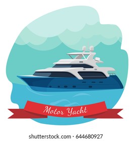 Luxury two-deck motor yacht sailing in ocean vector illustration