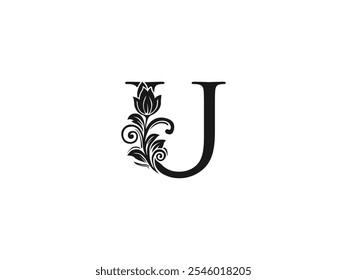 Luxury U letter logo with floral ornate design. Vintage swirl, graceful calligraphic letter identity for premium brand. Filigree, intricate rococo, flowery engraving U signs. Aesthetic elegance.