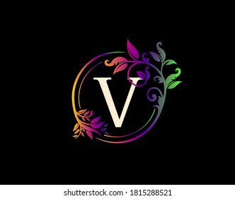 Luxury V Letter Floral Design. Colorful Urban Swirl V Logo Icon.