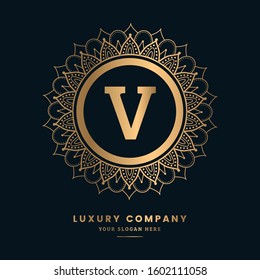 Luxury V letter Golden ornament logo. Mandala logo for Restaurant,Royalty,Boutique,Cafe,Hotel,Heraldic,Jewelry,Fashion,royal,spa,vintage,floral,ornament,jewelry,antique,wedding.