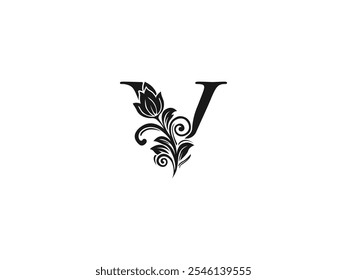 Logotipo de letra V dibujado a mano de lujo. Elegante logotipo floral y V adornado. Diseño caligráfico personalizado. Antiguas y Diseño Sofisticado. Atemporal, estilo real, refinado y con clase. Arte de logotipo personalizado hecho a mano.