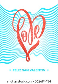 Luxury Valentine red heart love Spanish text lettering on blue wavy pattern for white greeting card.