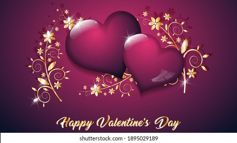 luxury valentine's day card. two shiny purple hearts, golden abstract floral elements and a greeting inscription on a purple-pink background. vector