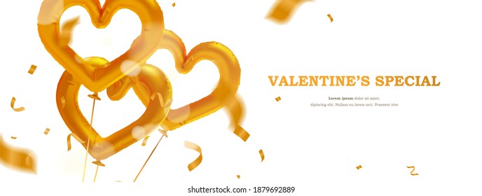 Luxury valentine's day celebration banner with realistic heart shaped gold foil balloon and confetti vector
