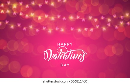 Luxury Valentines Day garland lights and hearts pattern for premium vector pink card background.