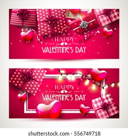 Luxury Valentine's Day horizontal headers with gift boxes and hearts