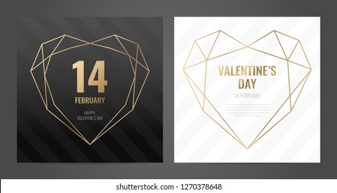 Luxury Valentines Day poster template with gold frame and black background. Invitation template. Geometric shape.