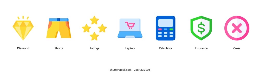 Ilustración vectorial de íconos de Anuncio de Web de lujo y valor con diamantes, Versiones cortas, calificaciones, computadora portátil, calculadora, seguro y cruz.