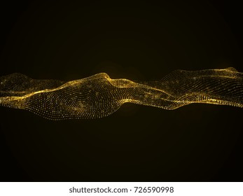 Luxury vector abstract background with golden glittering wave isolated on black. Golden glitter and shiny light, wave bright glowing illustration