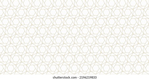 Luxury vector abstract geometric seamless pattern. Golden line texture with hexagons, triangles, grid, lattice. White and gold ornament. Simple minimal background. Elegant repeat decorative geo design