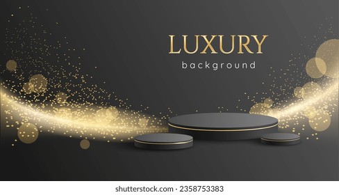 Fondo vectorial de lujo con podio 3d, resplandor dorado, destellos y estrellas. Postcard, banner web, saludo, fondo de invitación premium.