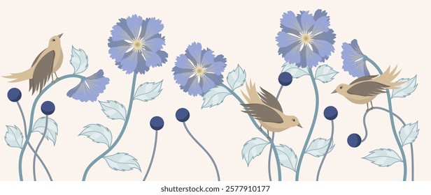 Luxury vector background with birds and flowers in a simple style. Wallpaper design: elegant birds, lilac flowers and leaves. Illustration design for decoration, wall decor, fabric.