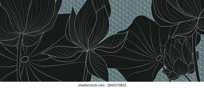 Luxury vector background with black lotus flowers on a blue background in Japanese style.