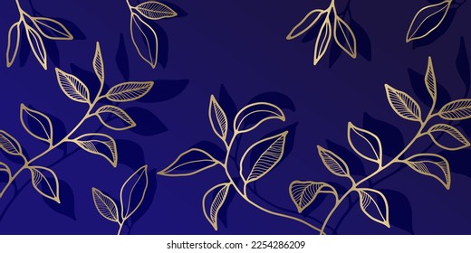 Luxury vector background in blue tones with golden branches with leaves for wallpaper, design, covers, presentations