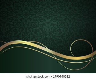 Fondo vectorial de lujo. Flores de líneas doradas sobre un fondo verde.